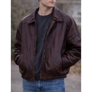 Vtg Croft & Barrow Chocolate Brown Pebbled Leather Bomber Jacket Thick Mens XLT